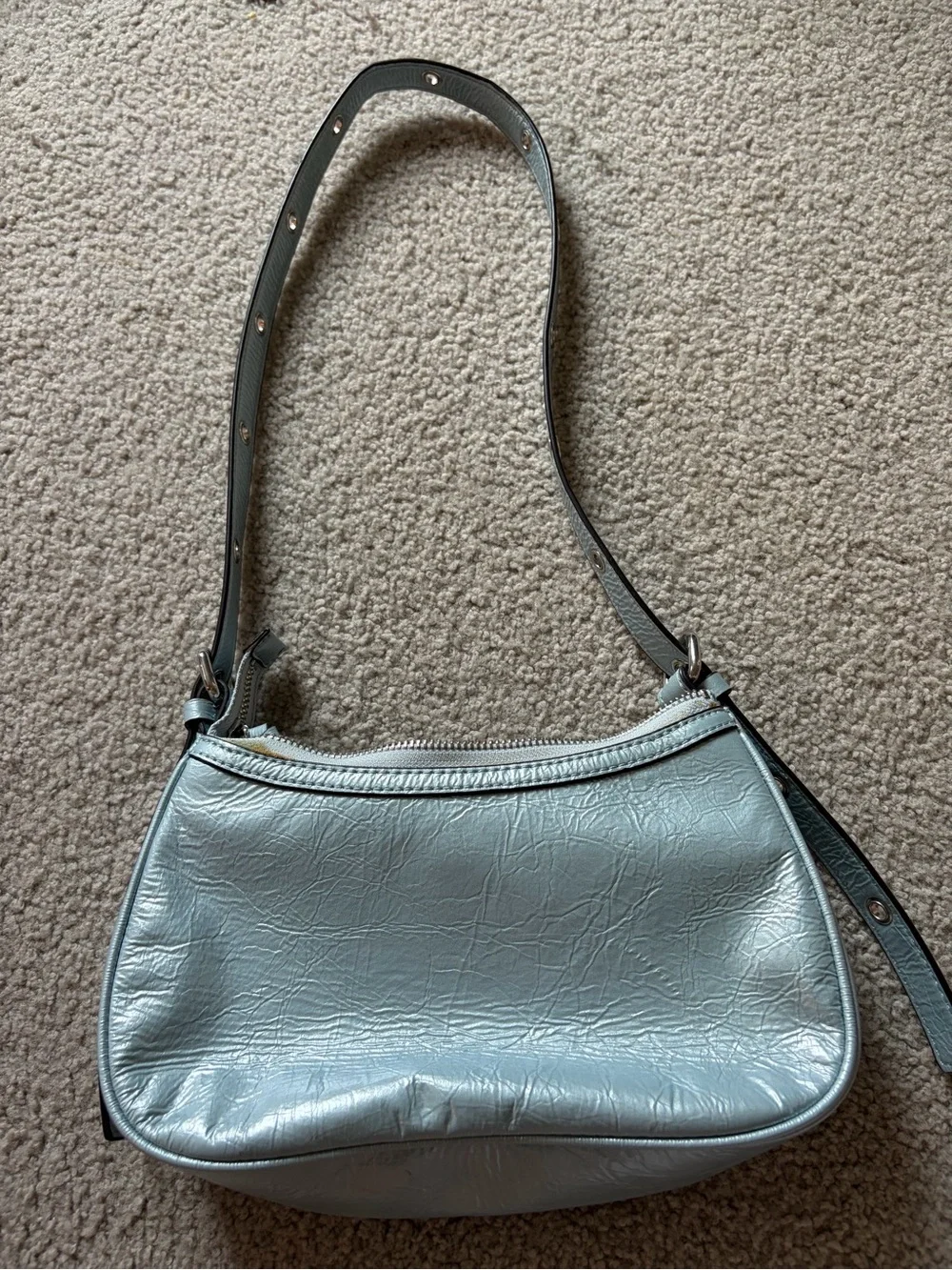 GUESS Metallic Light Silver Shoulder Bag with Stud Accents